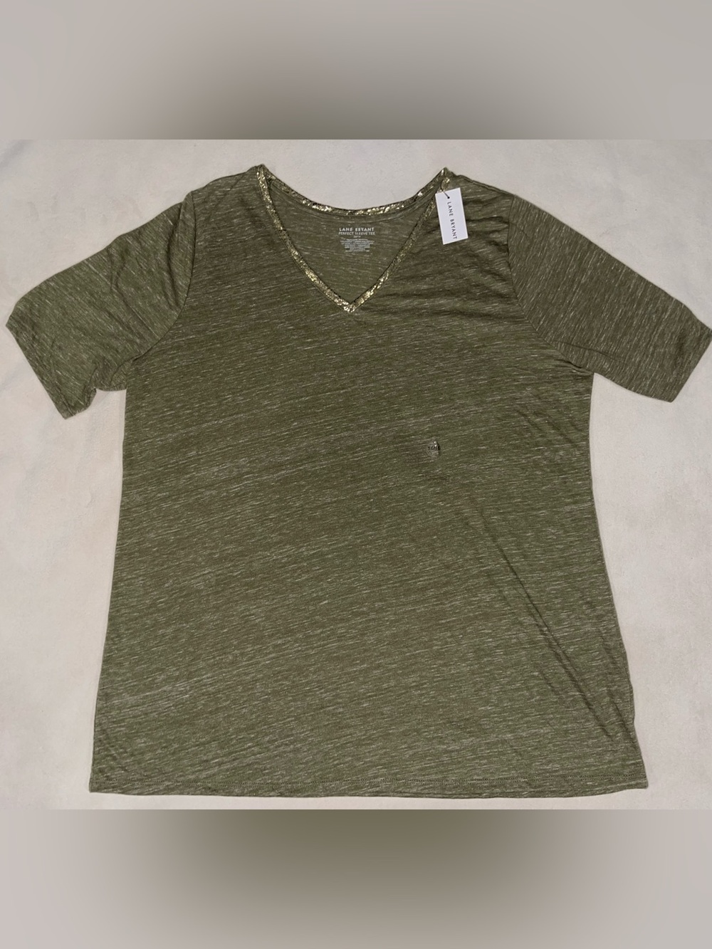 Lane Bryant Olive Heather V-Neck Tee with Metallic Trim
